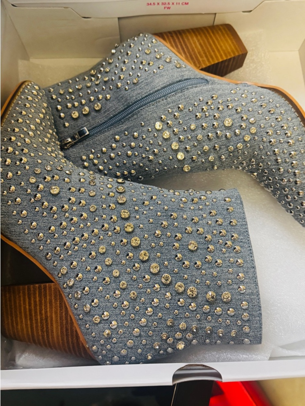 Studded Light Denim Heeled Ankle Boots